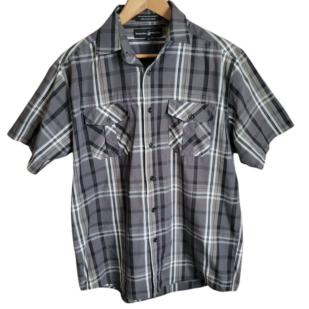 Beverly Hills Polo Club Plaid Short Sleeve Button Up Black, Grey and White Med